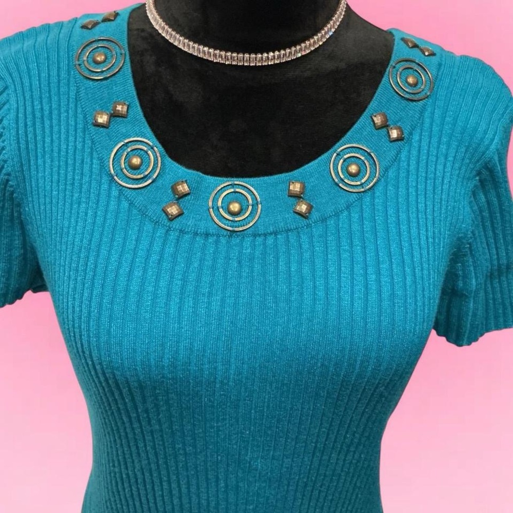 Teal Ribbed Knit Top with Embellished Neckline